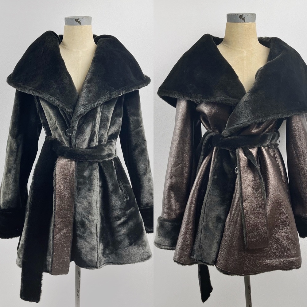CHI By Falchi Metallic Faux Fur Reversible Coat Belted